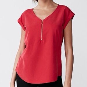 Express Red V-Neck Front Zip Short Sleeve Blouse